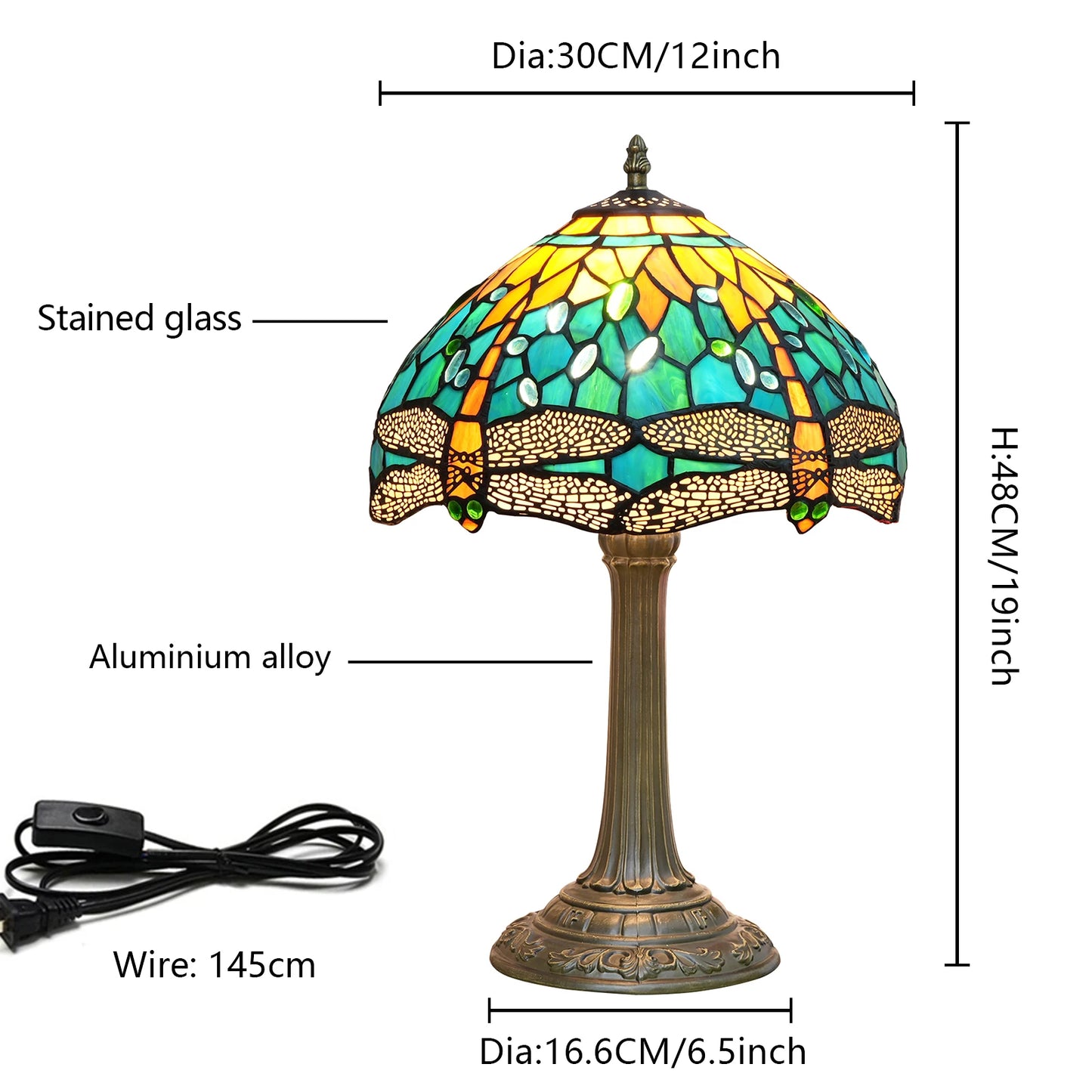 Green Yellow Dragonfly Stained Glass Table Lamp – 12 Inch Vintage Bedside Reading Lamp for Bedroom & Living Room