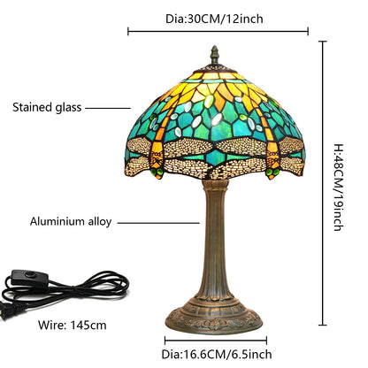 Green Yellow Dragonfly Stained Glass Table Lamp – 12 Inch Vintage Bedside Reading Lamp for Bedroom & Living Room