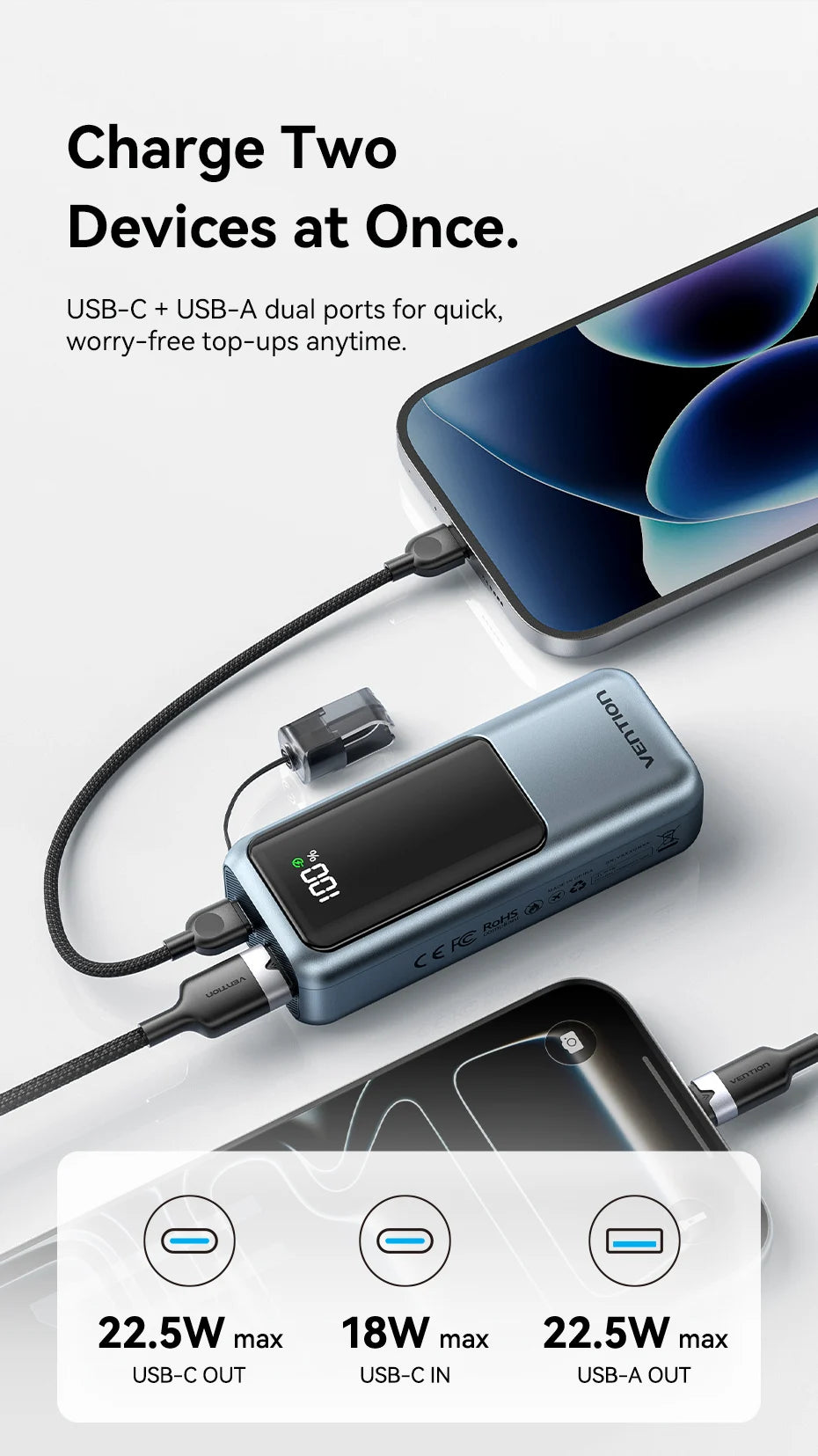 Vention 10000mAh Mini Power Bank – 22.5W Fast Charging Portable Charger with Built-in USB-C Cable & Free Shipping