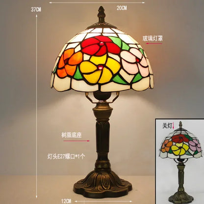 Vintage Stained Glass Table Lamp – 8 Inch French Rose Bedside Reading Lamp for Bedroom, Living Room & Office