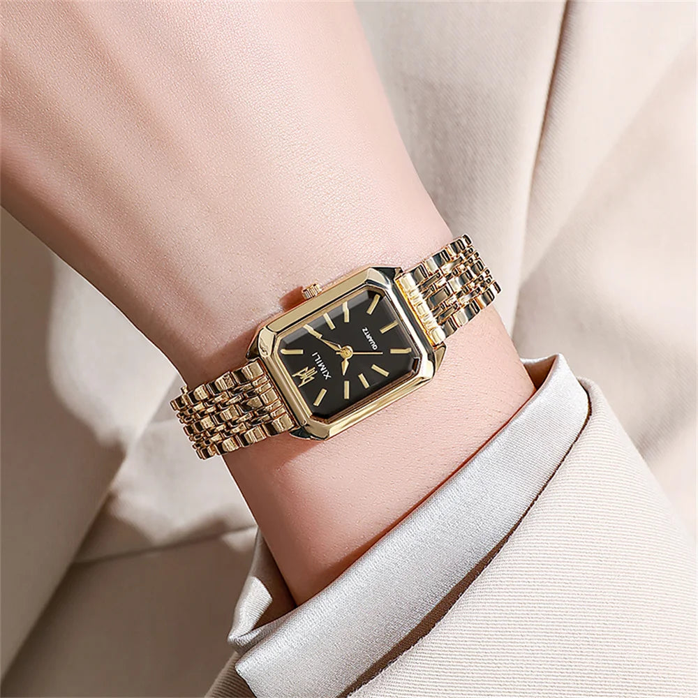 Luxury Women’s Quartz Watch – Gold Square Stainless Steel Fashion Watch with Free Shipping