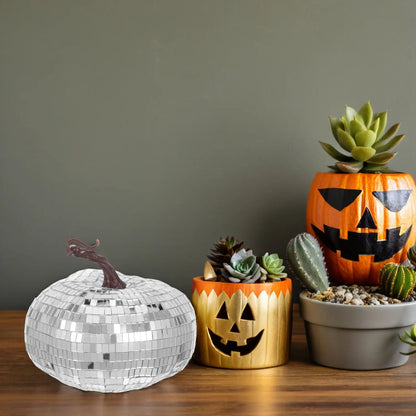 Silver Mirrored Pumpkin Disco Ball Halloween Decor