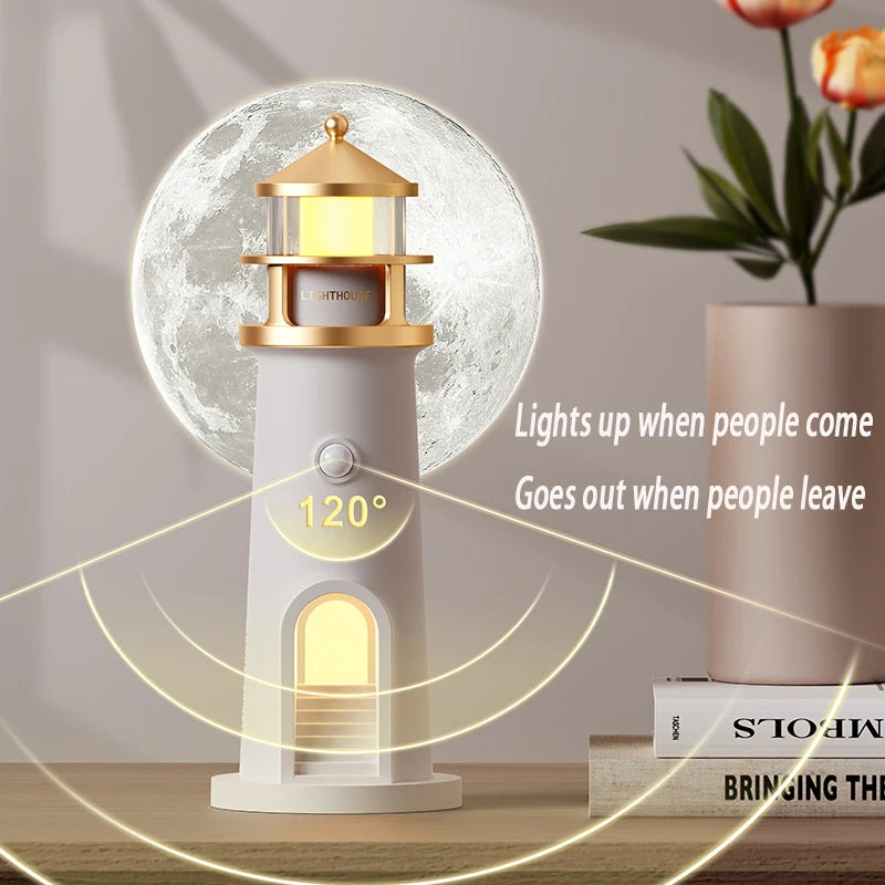 Motion Sensor Moon Projection Lighthouse Night Light – Rechargeable Bedside Lamp for Bedroom & Kids Room