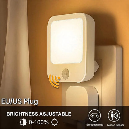 Plug-in LED Night Light with Motion Sensor – Adjustable Brightness Wall Lamp for Bedroom, Hallway & Bathroom