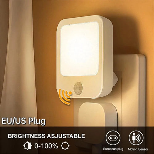 Plug-in LED Night Light with Motion Sensor – Adjustable Brightness Wall Lamp for Bedroom, Hallway & Bathroom