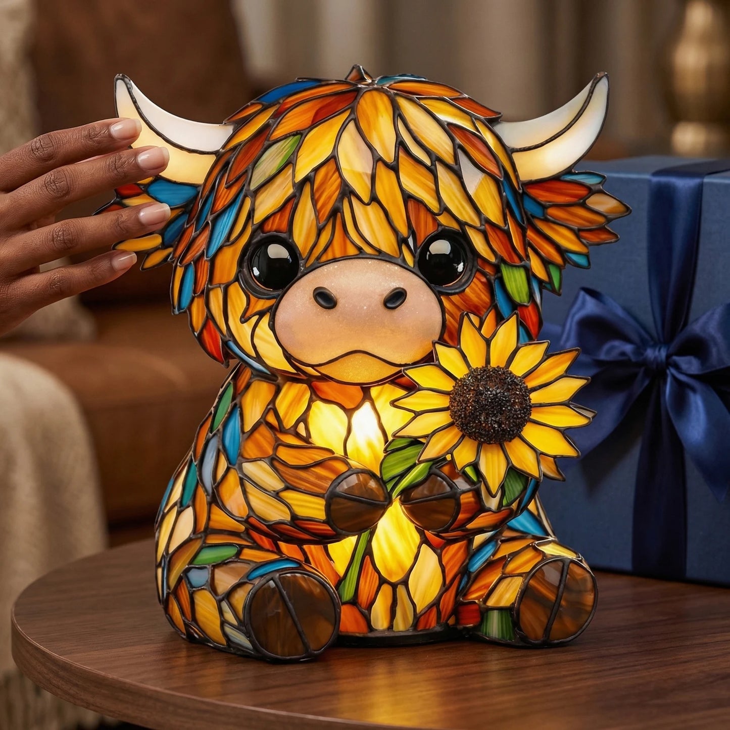 Sunflower Highland Cow LED Table Lamp – Cute USB Night Light for Bedroom, Kids Room & Cozy Home Decor