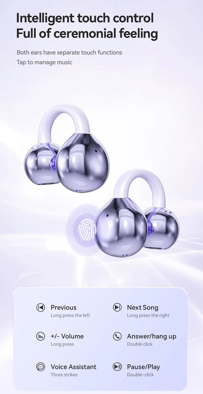 Open Ear Clip Wireless Earbuds – Bluetooth 5.4 ENC Noise Cancelling Headphones with Mic for iOS & Android