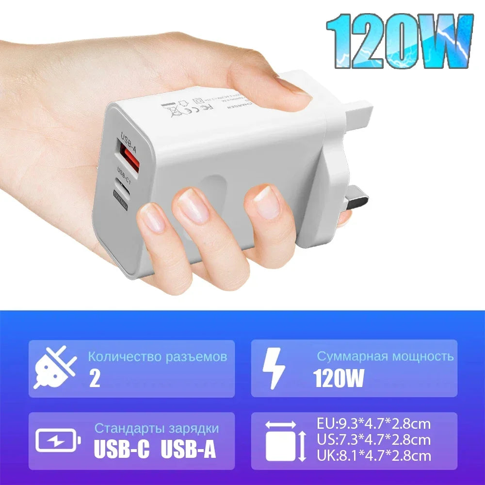 120W USB-C Fast Charger with PD Cable – Quick Charge Wall Adapter for iPhone, Samsung, Xiaomi, OnePlus & Huawei