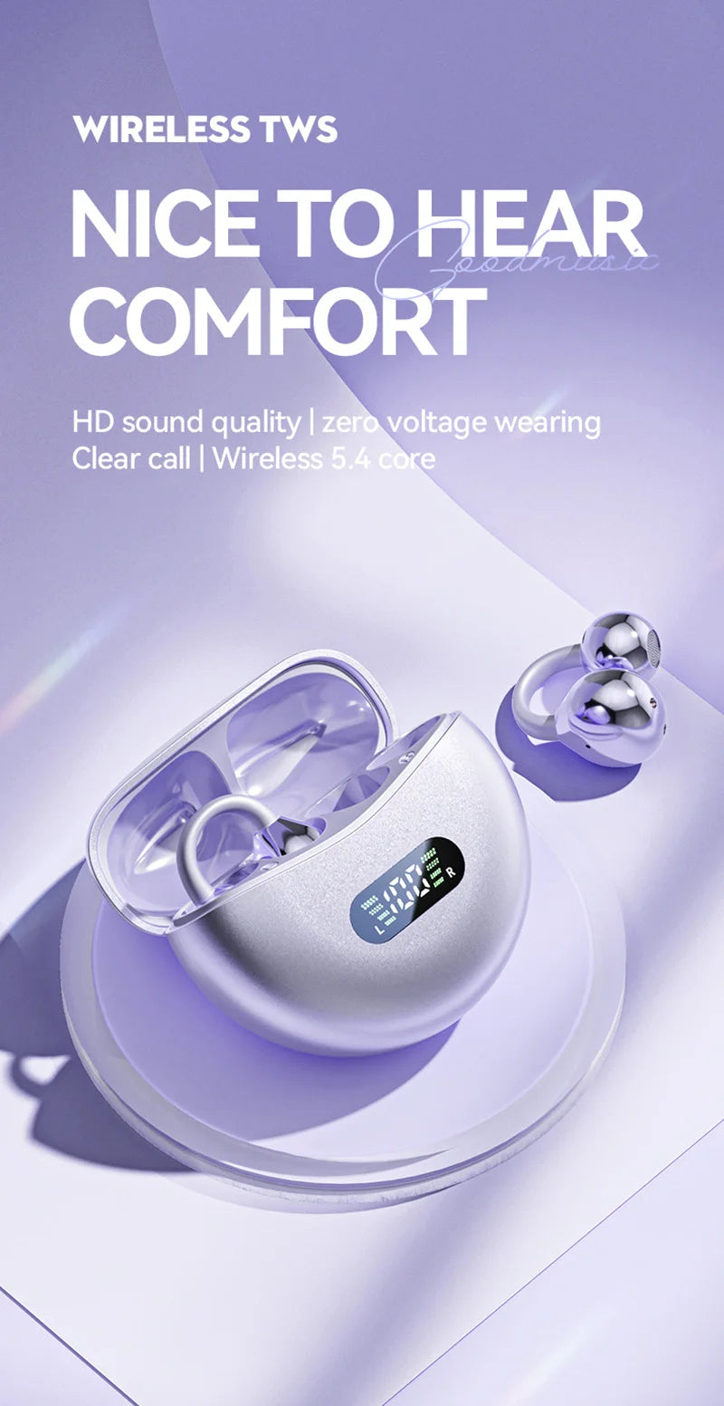 Open Ear Clip Wireless Earbuds – Bluetooth 5.4 ENC Noise Cancelling Headphones with Mic for iOS & Android