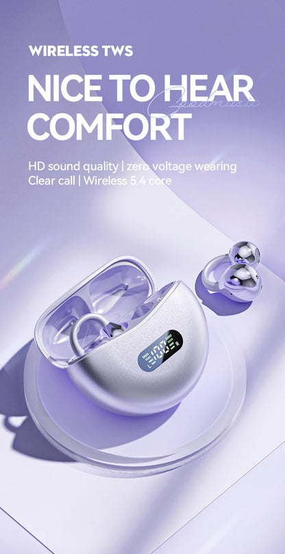 Open Ear Clip Wireless Earbuds – Bluetooth 5.4 ENC Noise Cancelling Headphones with Mic for iOS & Android