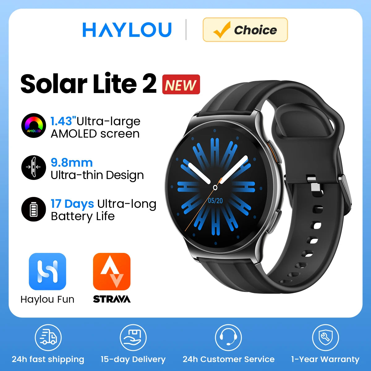 HAYLOU Solar Lite 2 Smartwatch – 1.43” AMOLED Fitness Watch with 24H Health Monitoring, 150+ Sports Modes & Voice Calling