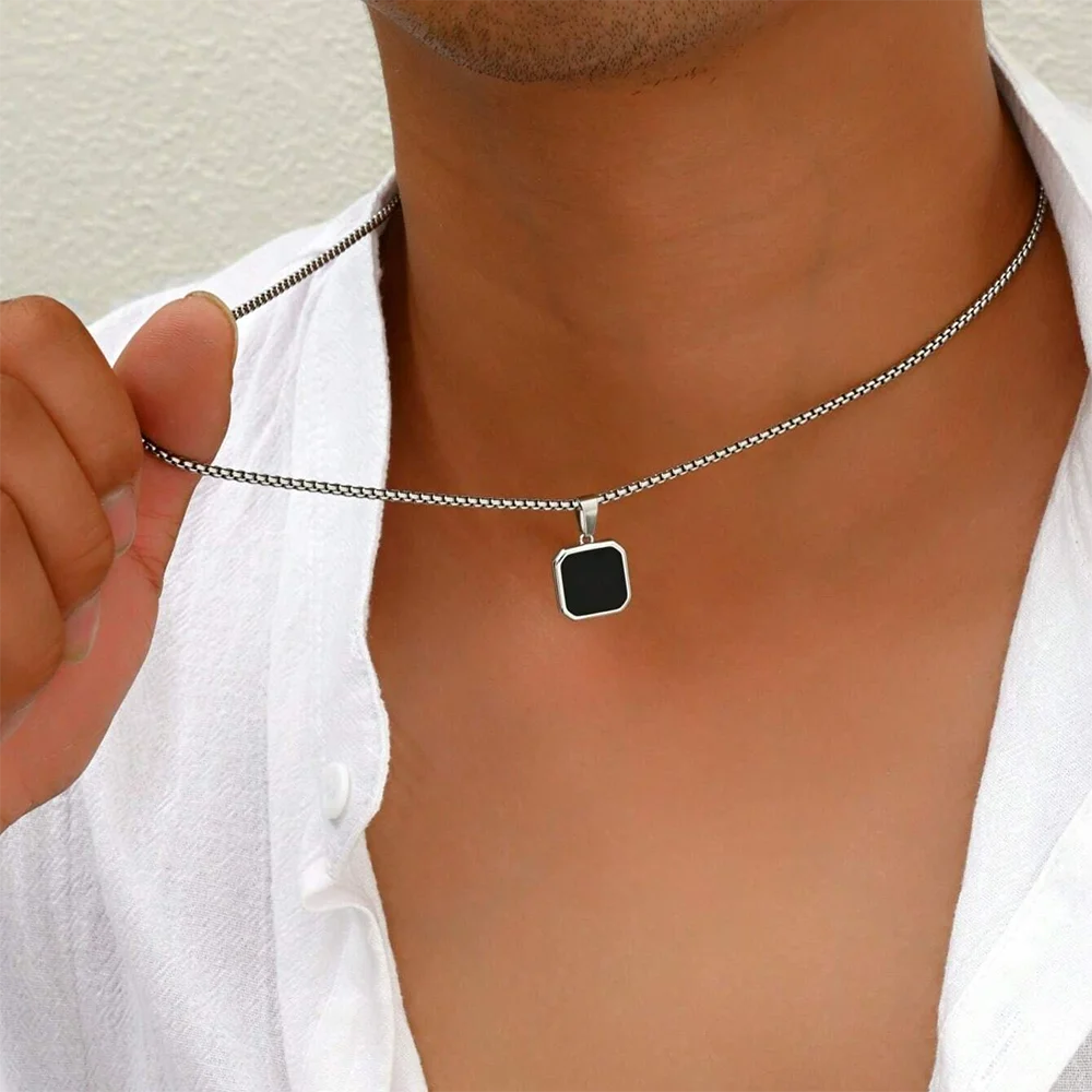 Stainless Steel Black Square Pendant Necklace
