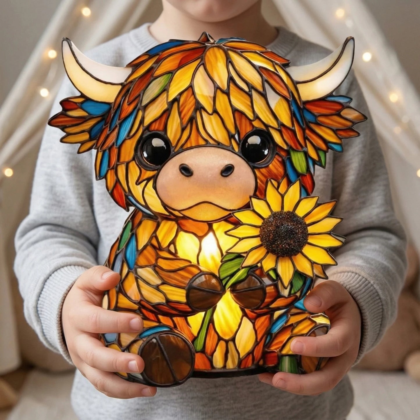 Sunflower Highland Cow LED Table Lamp – Cute USB Night Light for Bedroom, Kids Room & Cozy Home Decor