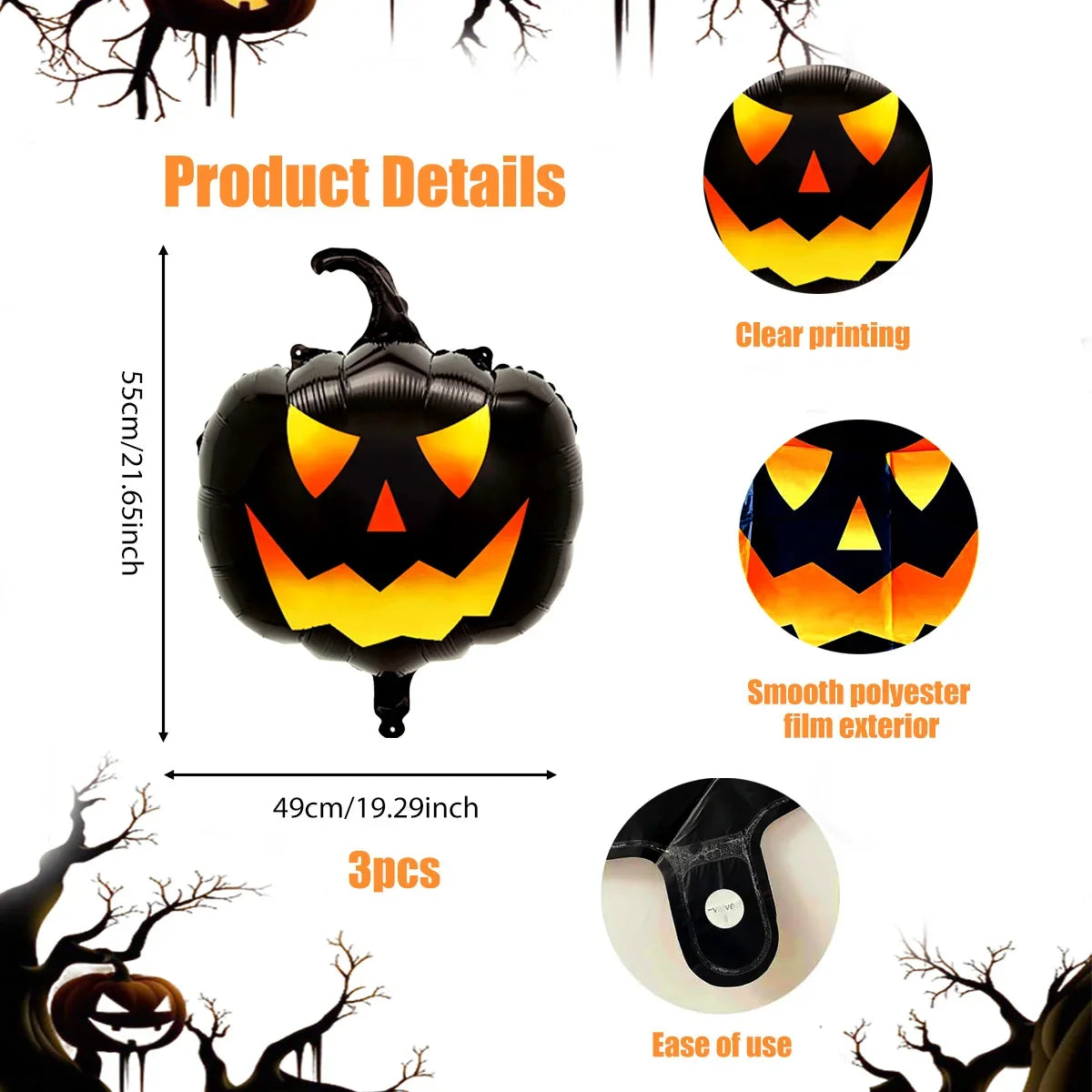3-Piece Black Pumpkin Balloon Set – Halloween Decor