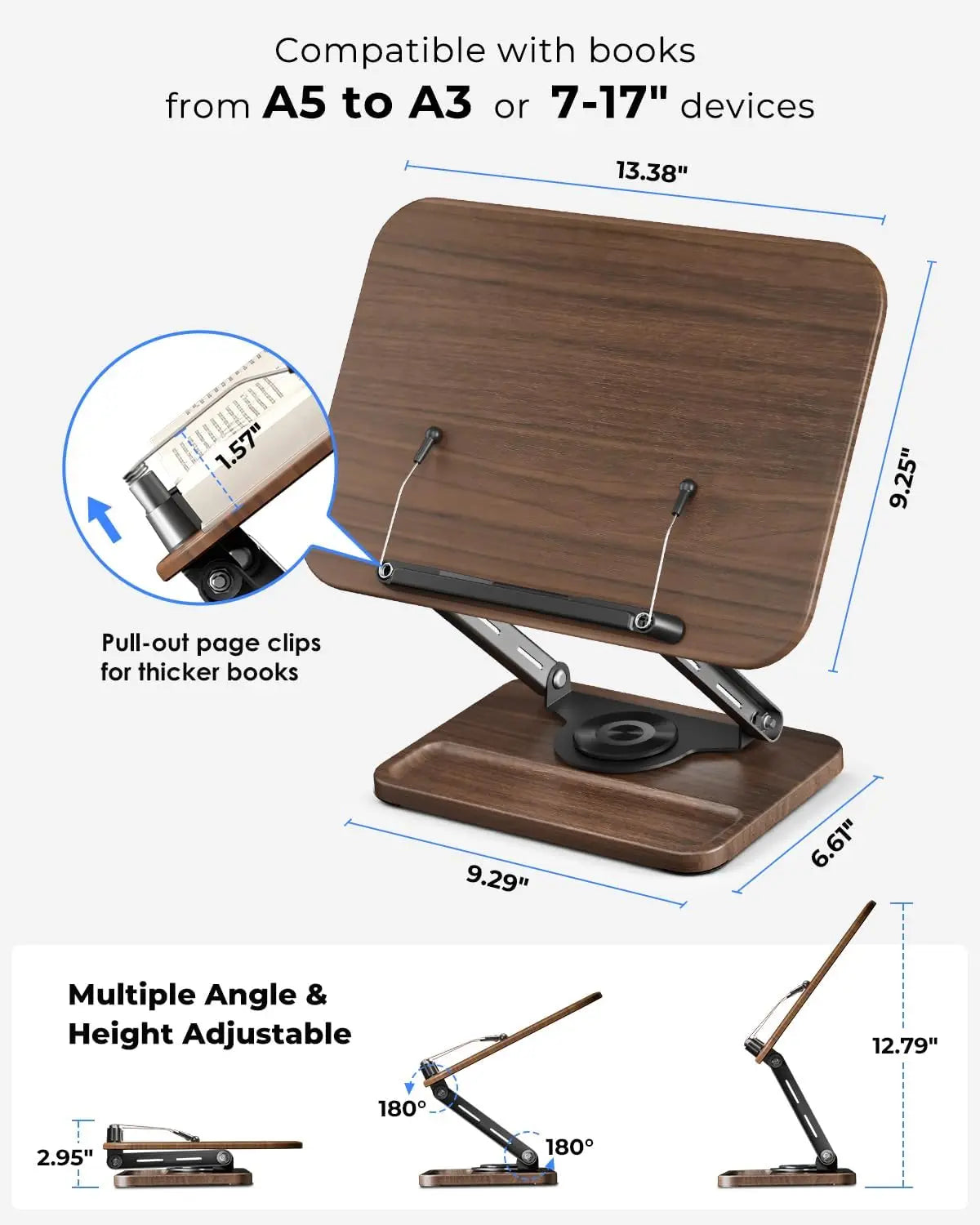 Book Stand for Reading, 360° Rotating Base with Pen Slot, Foldable Holder with Elastic Page Clips for Cookbook, Textbook, Tablet