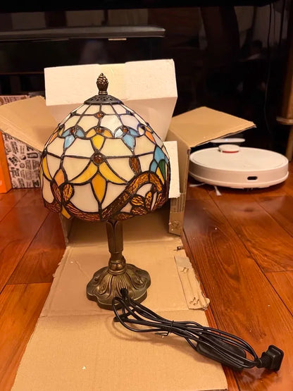 Vintage Stained Glass Table Lamp – 8 Inch French Rose Bedside Reading Lamp for Bedroom, Living Room & Office