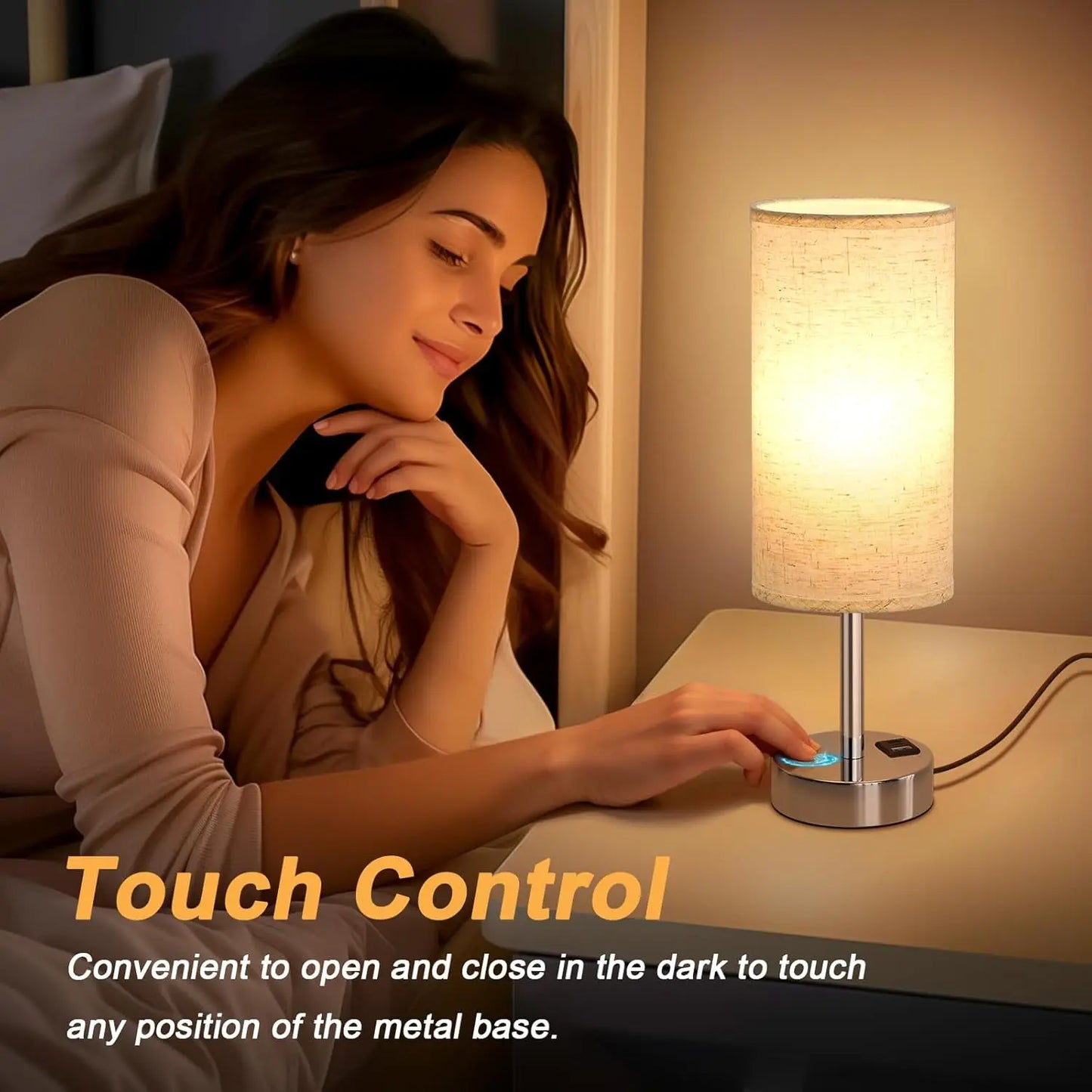Touch Table Lamp with USB-C & USB-A Charging Ports – 3-Way Dimmable Bedside Lamp for Bedroom, Office & Dorm