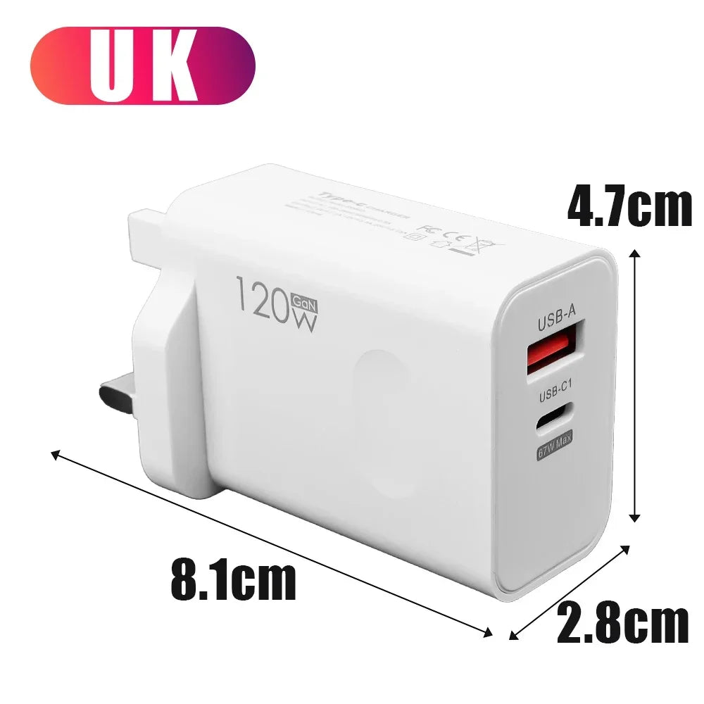 120W USB-C Fast Charger with PD Cable – Quick Charge Wall Adapter for iPhone, Samsung, Xiaomi, OnePlus & Huawei