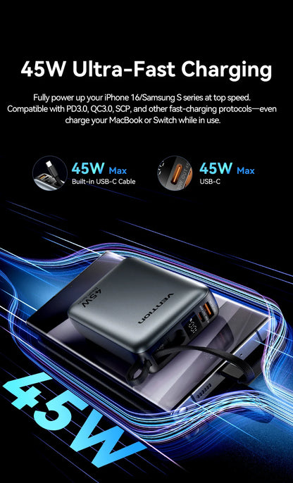 Vention 45W Power Bank – 20000mAh Portable Fast Charger with USB-C Cable for iPhone, Samsung & Xiaomi