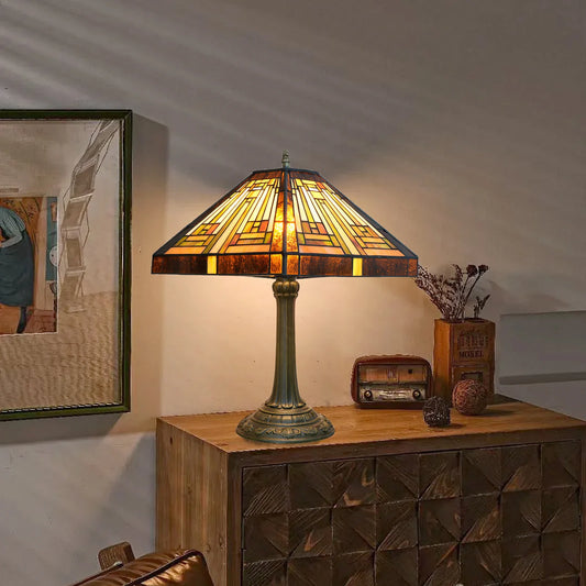 Amber Brown Stained Glass Table Lamp – Retro Mission Style Desk Lamp for Bedroom, Living Room & Office