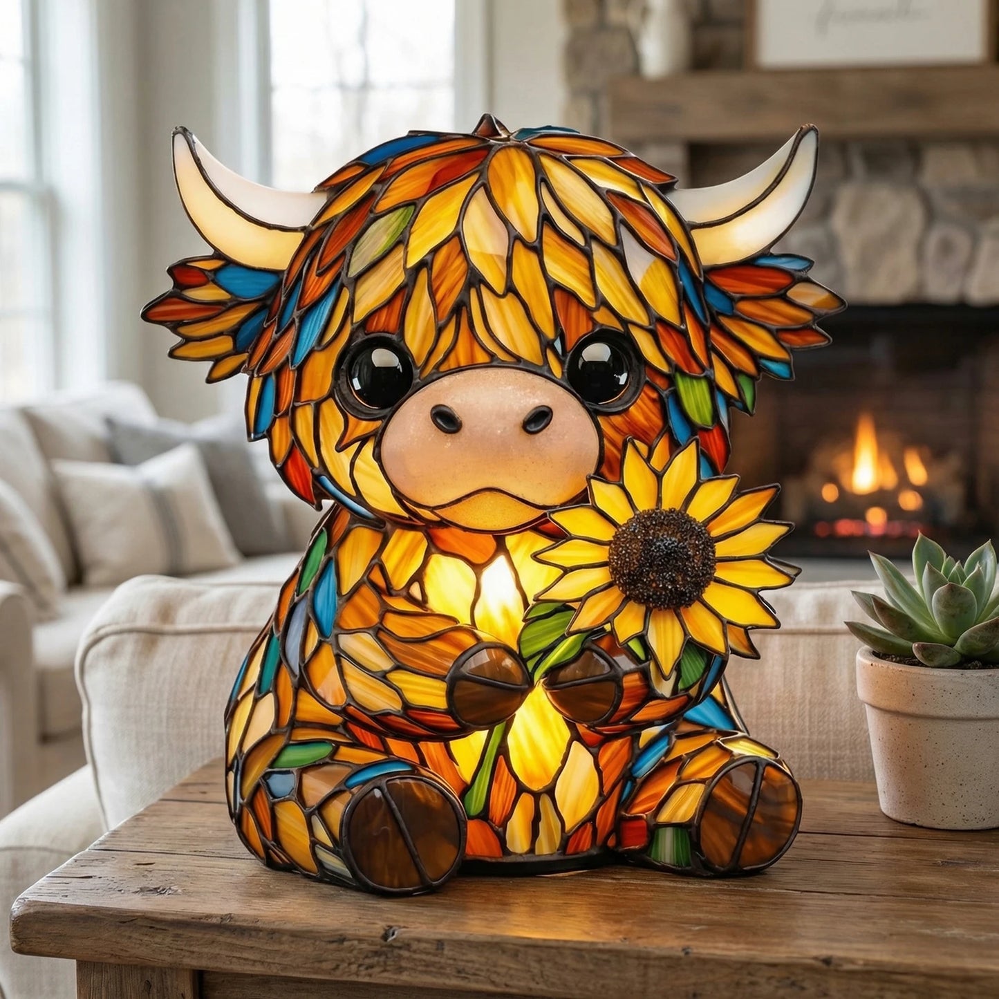 Sunflower Highland Cow LED Table Lamp – Cute USB Night Light for Bedroom, Kids Room & Cozy Home Decor