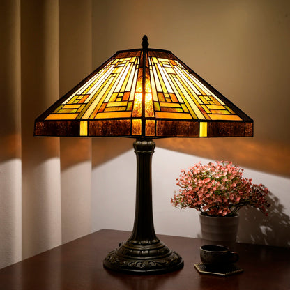 Amber Brown Stained Glass Table Lamp – Retro Mission Style Desk Lamp for Bedroom, Living Room & Office