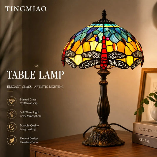 Vintage Stained Glass Table Lamp – 8 Inch French Rose Bedside Reading Lamp for Bedroom, Living Room & Office