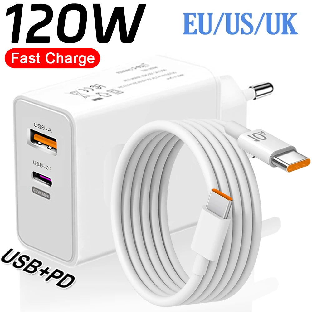 120W USB-C Fast Charger with PD Cable – Quick Charge Wall Adapter for iPhone, Samsung, Xiaomi, OnePlus & Huawei