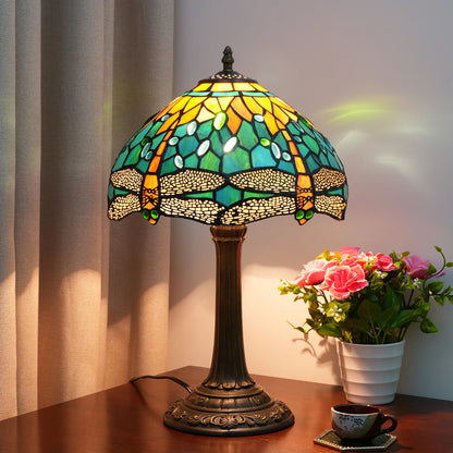 Green Yellow Dragonfly Stained Glass Table Lamp – 12 Inch Vintage Bedside Reading Lamp for Bedroom & Living Room