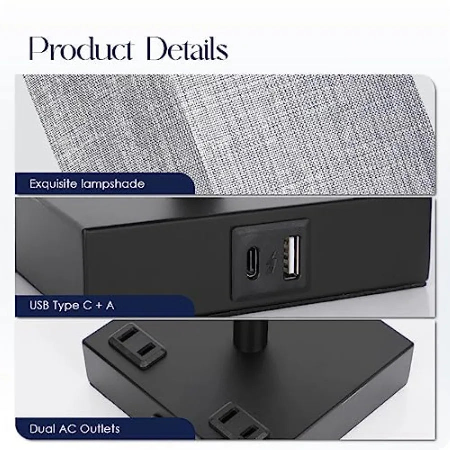Set of 2 Touch Bedside Table Lamps with USB-C, USB-A & AC Outlets – 3-Way Dimmable Nightstand Lamps for Bedroom