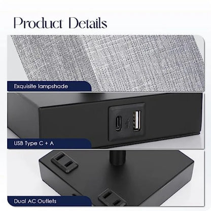 Set of 2 Touch Bedside Table Lamps with USB-C, USB-A & AC Outlets – 3-Way Dimmable Nightstand Lamps for Bedroom