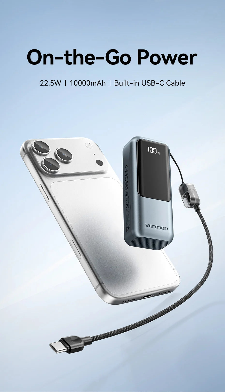 Vention 10000mAh Mini Power Bank – 22.5W Fast Charging Portable Charger with Built-in USB-C Cable & Free Shipping