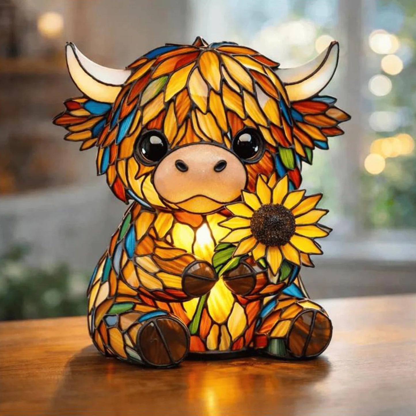 Sunflower Highland Cow LED Table Lamp – Cute USB Night Light for Bedroom, Kids Room & Cozy Home Decor