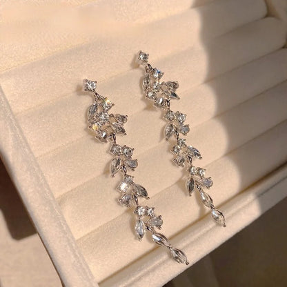 Romantic Sparkling Leaf Drop Earrings