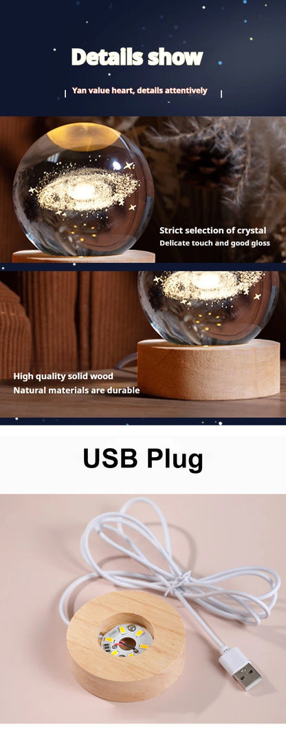 6cm 3D Crystal Ball Decoration 2026 Astronomy Solar System Planets Moon Astronaut LED Balls Home Snow Glass Globe Decorations