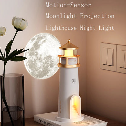 Motion Sensor Moon Projection Lighthouse Night Light – Rechargeable Bedside Lamp for Bedroom & Kids Room
