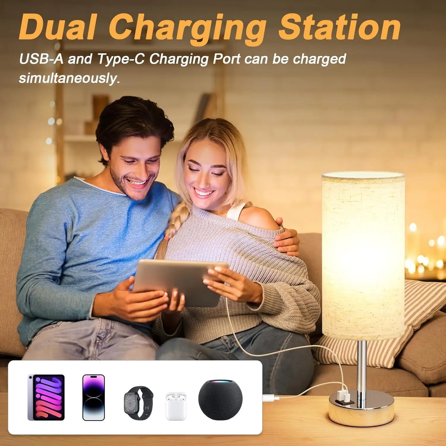 Touch Table Lamp with USB-C & USB-A Charging Ports – 3-Way Dimmable Bedside Lamp for Bedroom, Office & Dorm