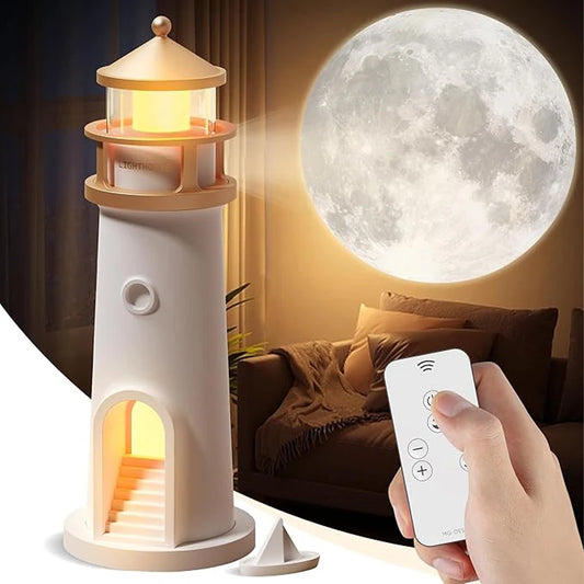 Motion Sensor Moon Projection Lighthouse Night Light – Rechargeable Bedside Lamp for Bedroom & Kids Room