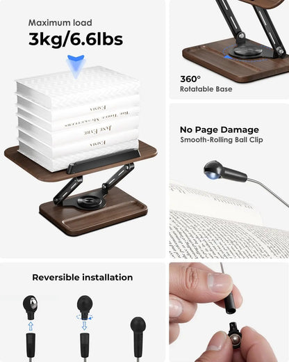 Book Stand for Reading, 360° Rotating Base with Pen Slot, Foldable Holder with Elastic Page Clips for Cookbook, Textbook, Tablet