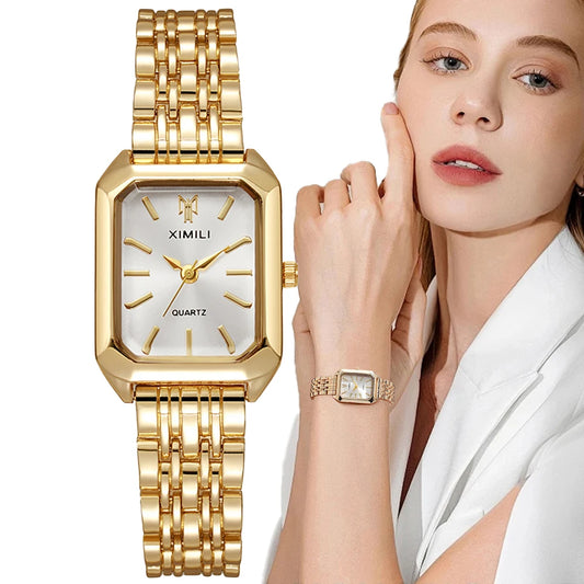 Luxury Women’s Quartz Watch – Gold Square Stainless Steel Fashion Watch with Free Shipping