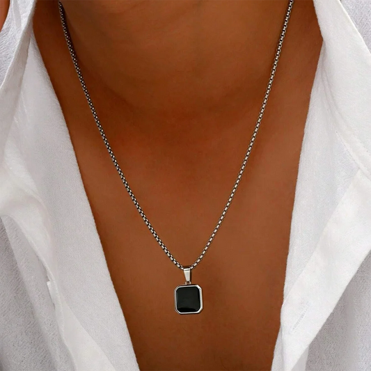 Stainless Steel Black Square Pendant Necklace