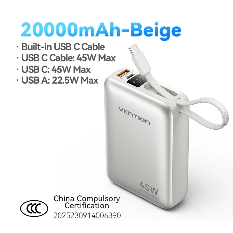 Vention 45W Power Bank – 20000mAh Portable Fast Charger with USB-C Cable for iPhone, Samsung & Xiaomi