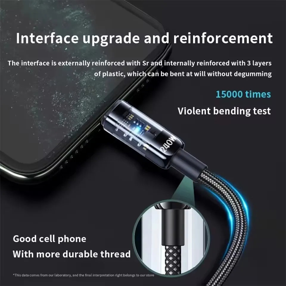 240W USB-C Fast Charging Cable – Nylon Type-C Cable with LED Display & Free Shipping