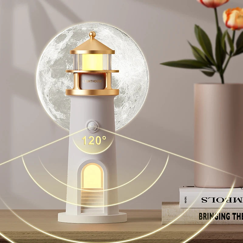 Motion Sensor Moon Projection Lighthouse Night Light – Rechargeable Bedside Lamp for Bedroom & Kids Room