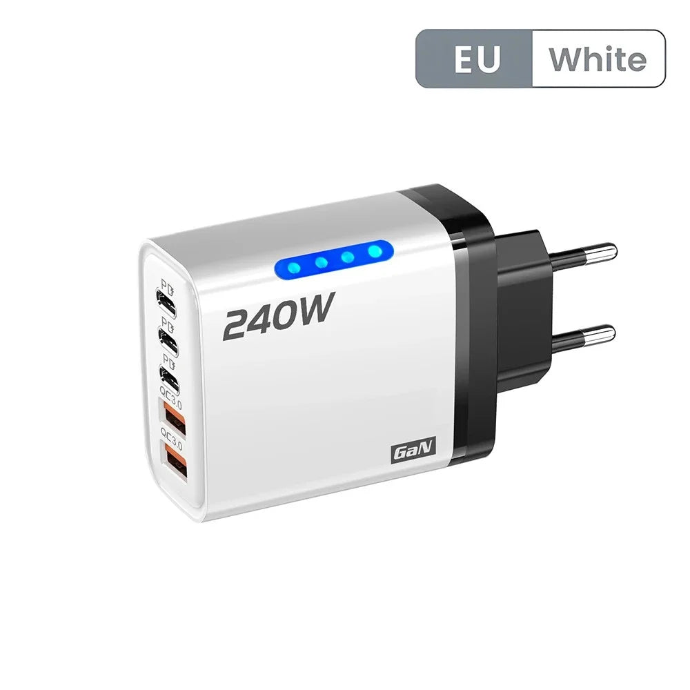 240W GaN USB-C Fast Charger – 5-in-1 Multi-Port Wall Charger for iPhone, Samsung, Xiaomi, Laptop & Tablet
