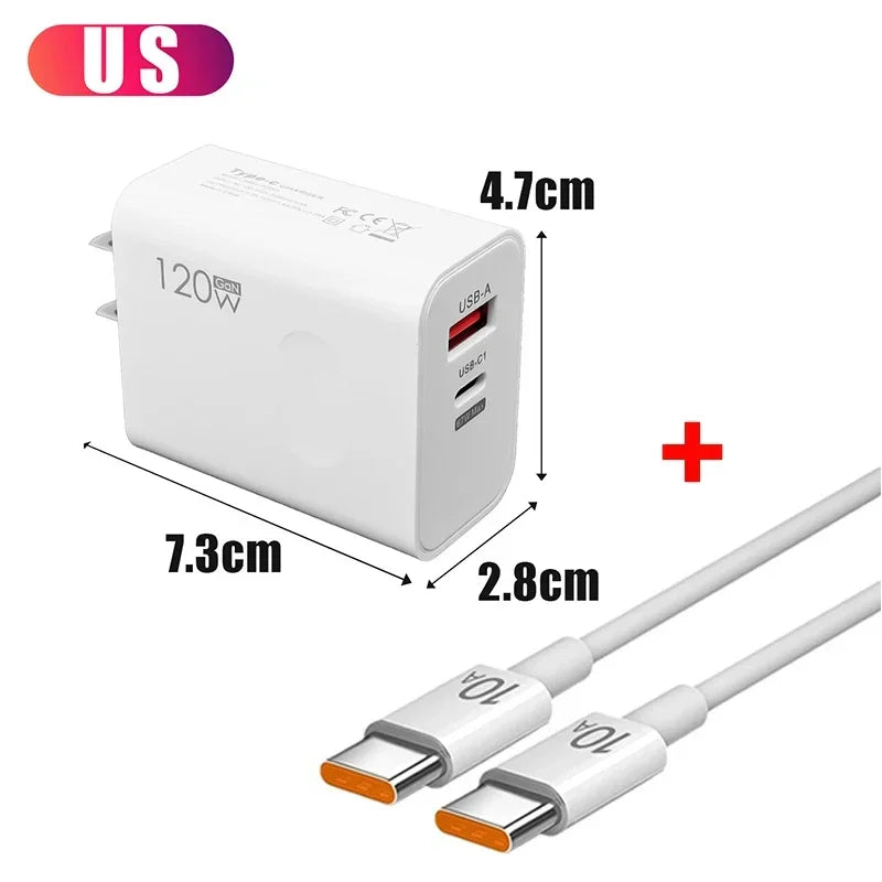 120W USB-C Fast Charger with PD Cable – Quick Charge Wall Adapter for iPhone, Samsung, Xiaomi, OnePlus & Huawei