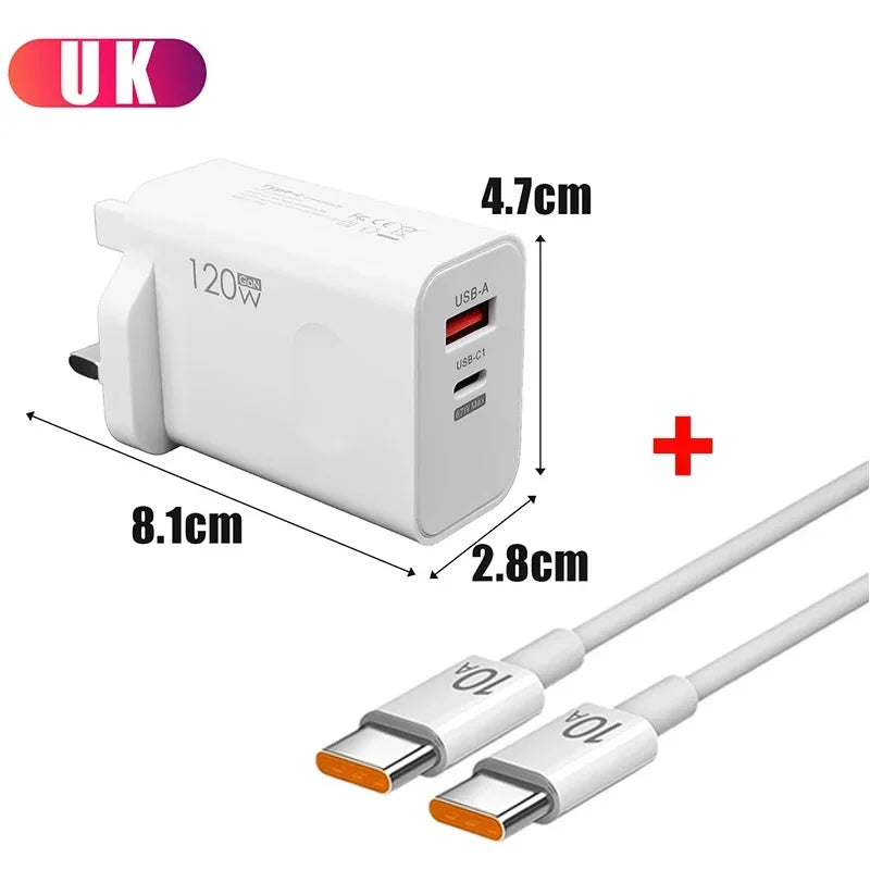 120W USB-C Fast Charger with PD Cable – Quick Charge Wall Adapter for iPhone, Samsung, Xiaomi, OnePlus & Huawei