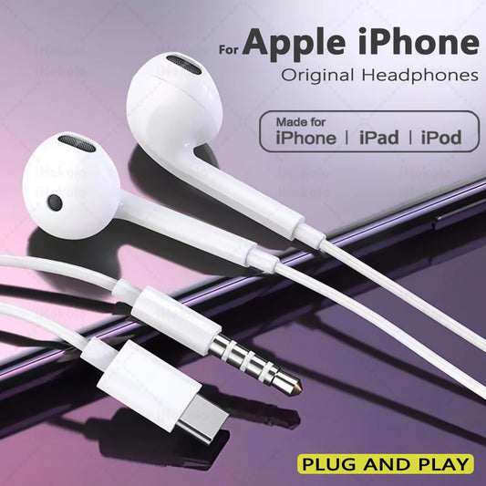 Original Wired Earphones For Apple iPhone 17 Pro Max16 15 14 13 12 11 Mini USB C Headphones Type C With Microphone Stereo Earbud