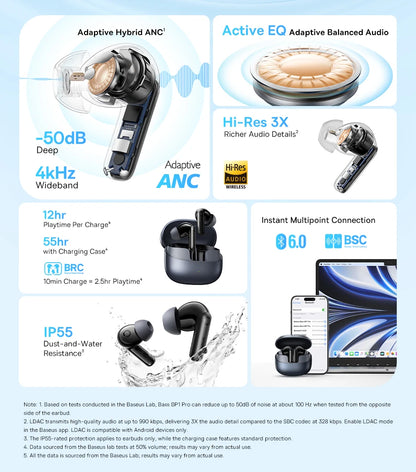 Baseus EP10 Pro ANC Wireless Earbuds – Bluetooth 6.0 Hi-Res Earphones with 50dB Noise Cancelling & 55H Playtime