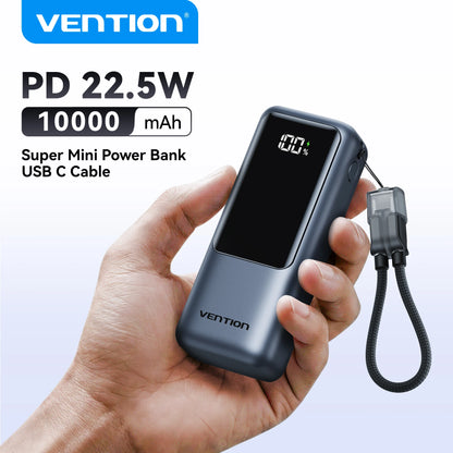 Vention 10000mAh Mini Power Bank – 22.5W Fast Charging Portable Charger with Built-in USB-C Cable & Free Shipping